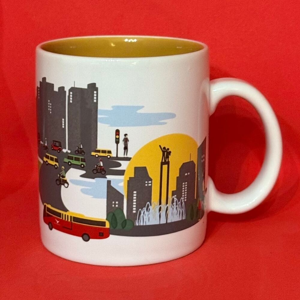 Starbucks Jakarta Coffee Mug Indonesia Series 2014 White Yellow Gray EUC 16 Oz.
